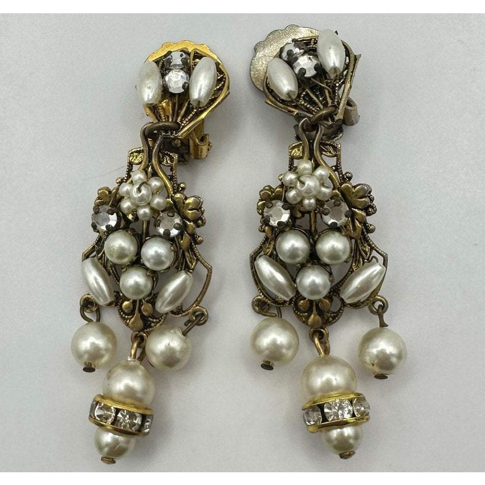 Robert Demario unsigned gold tone rose montee rhinestones pearl clip on earrings