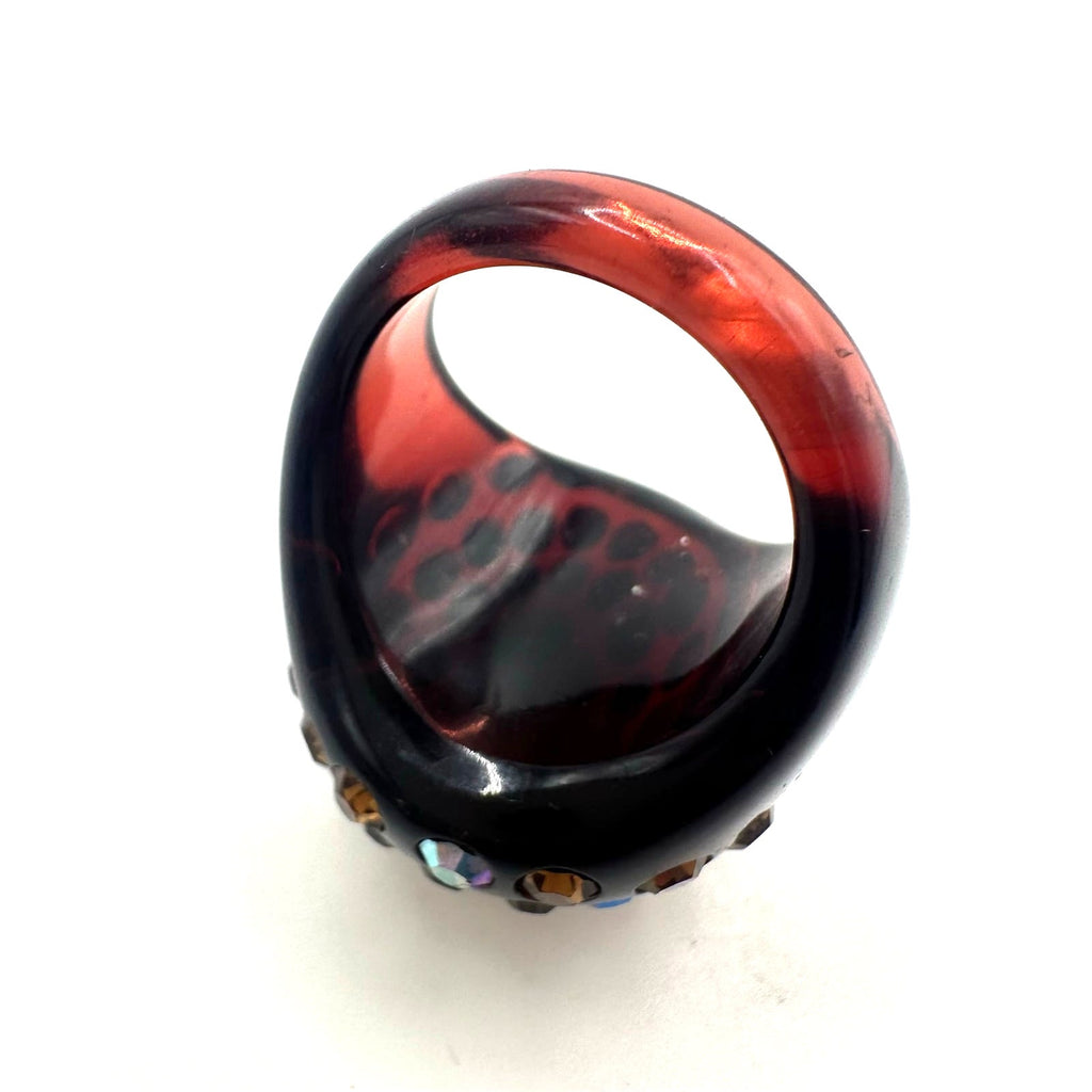 Vintage black cherry red lucite brown root beer AB rhinestones domed ring 6.5