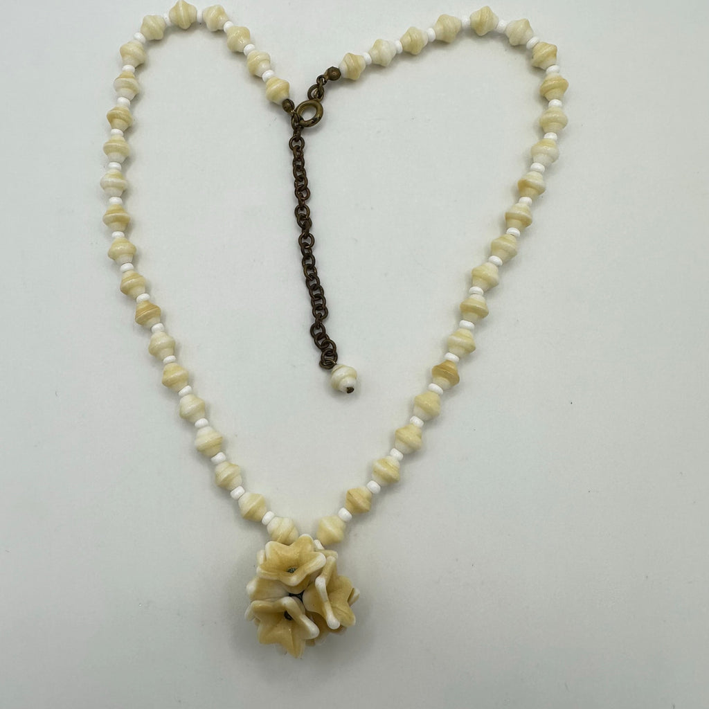 Antique vintage cream Czech glass pressed beads flowers beaded brass necklace