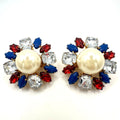 Vintage gold tone red blue clear lucite rhinestones faux pearl clip on earrings