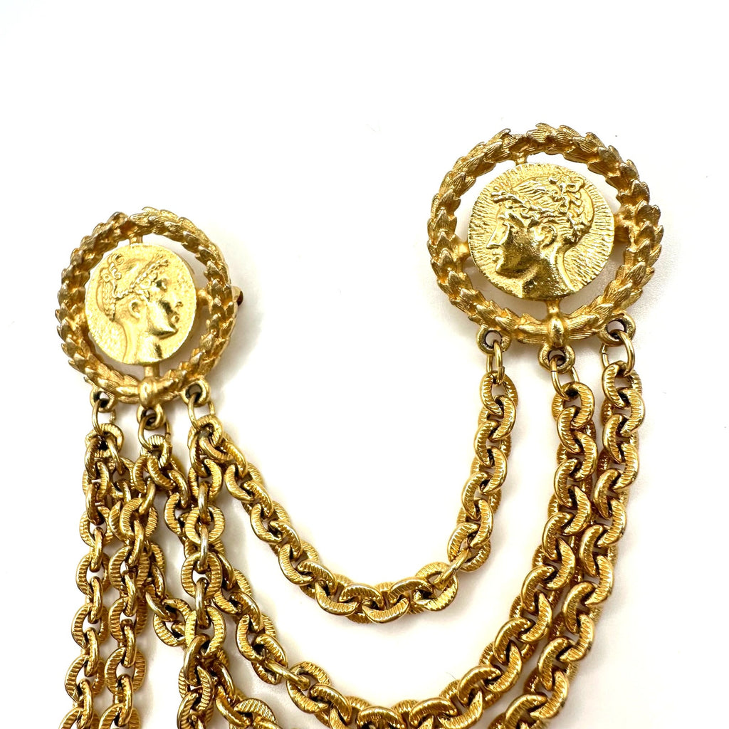 Monet 1980s vintage gold plated double 2 cameo Roman coins chains swag brooch
