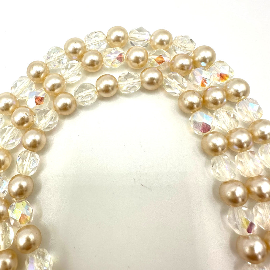 Vintage 3 multi strand AB aurora borealis glass pearls beaded necklace