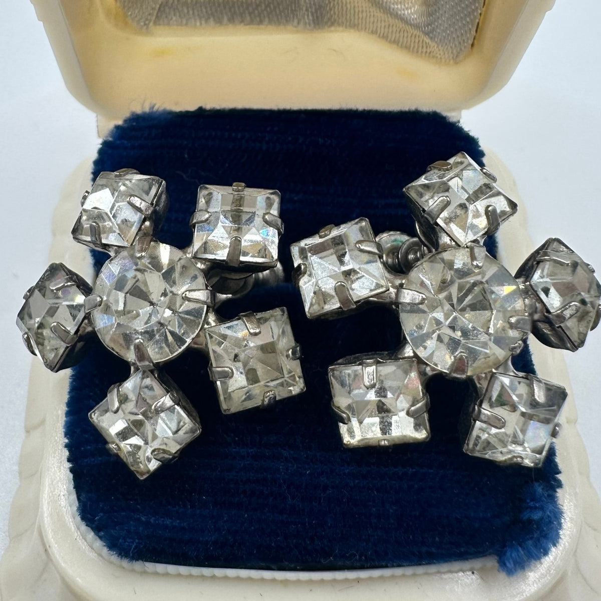 1940s vintage retro clear rhinestones starburst silver tone screw back earrings