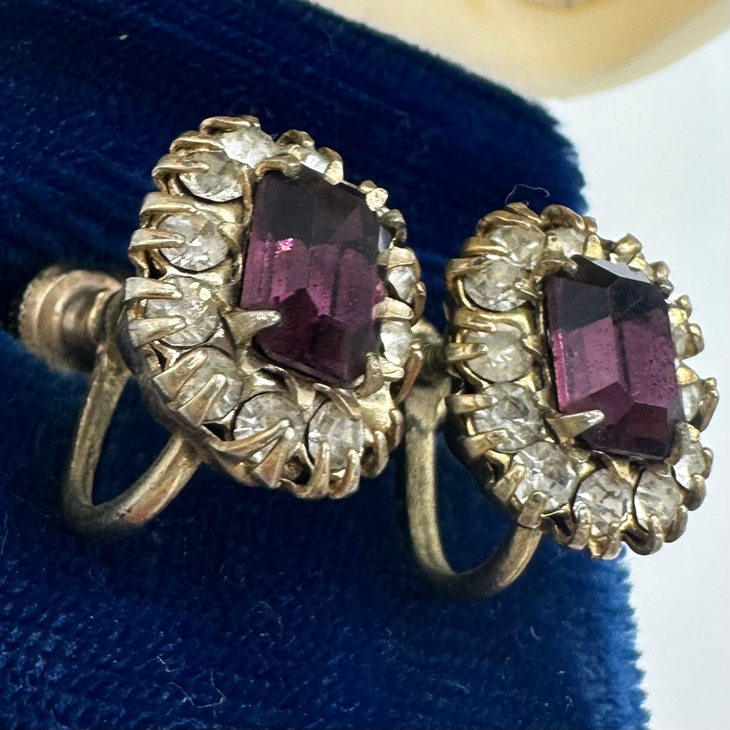 Vargas vintage gold tone purple clear glass rhinestones screw back earrings