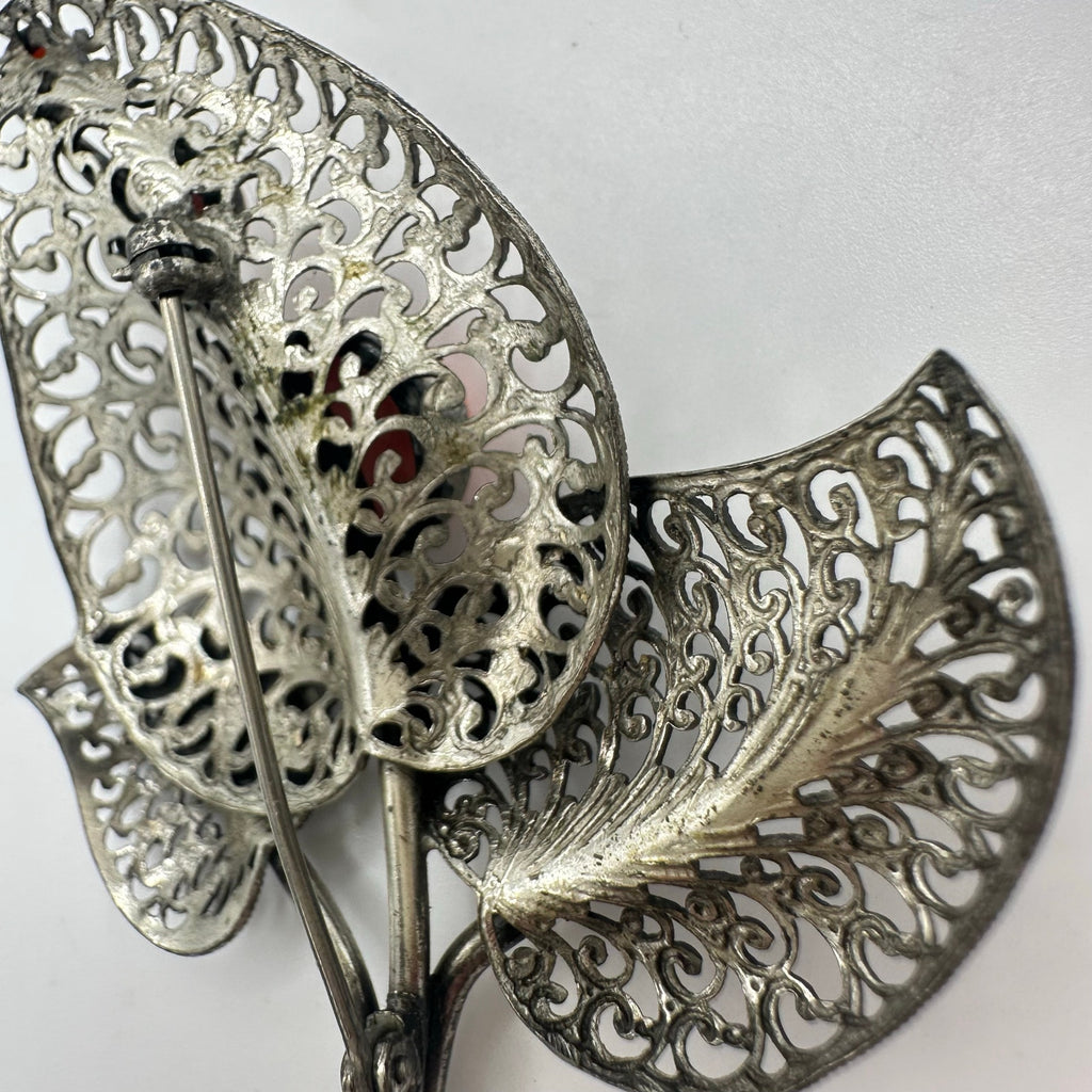Vintage intricate silver tone filigree leaves orange glass cabochons brooch pin