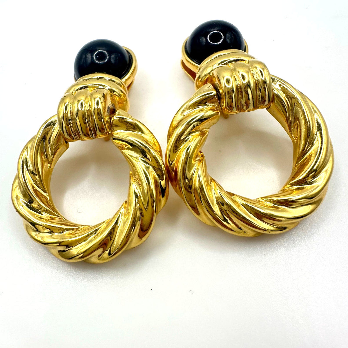 Replica signed vintage gold tone black lucite door knocker clip on earrings