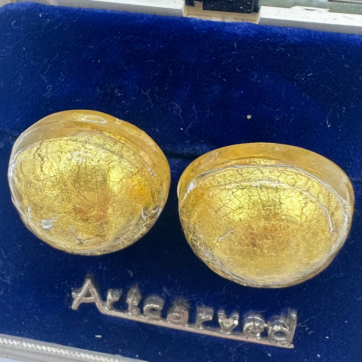 Vintage gold tone hand blown crackled clear Murano art glass clip on earrings