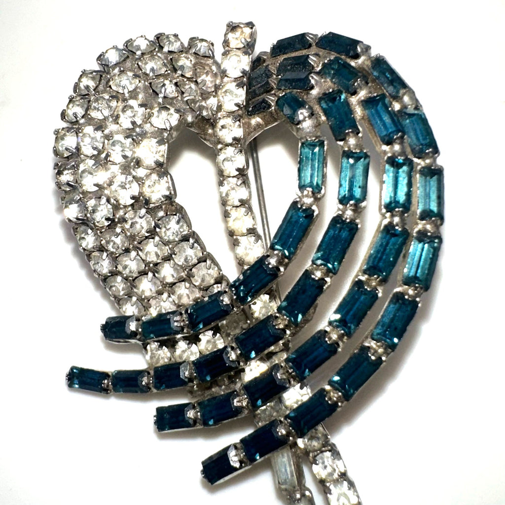 Vintage 1950s silver tone clear Montana blue baguette rhinestones 3D brooch