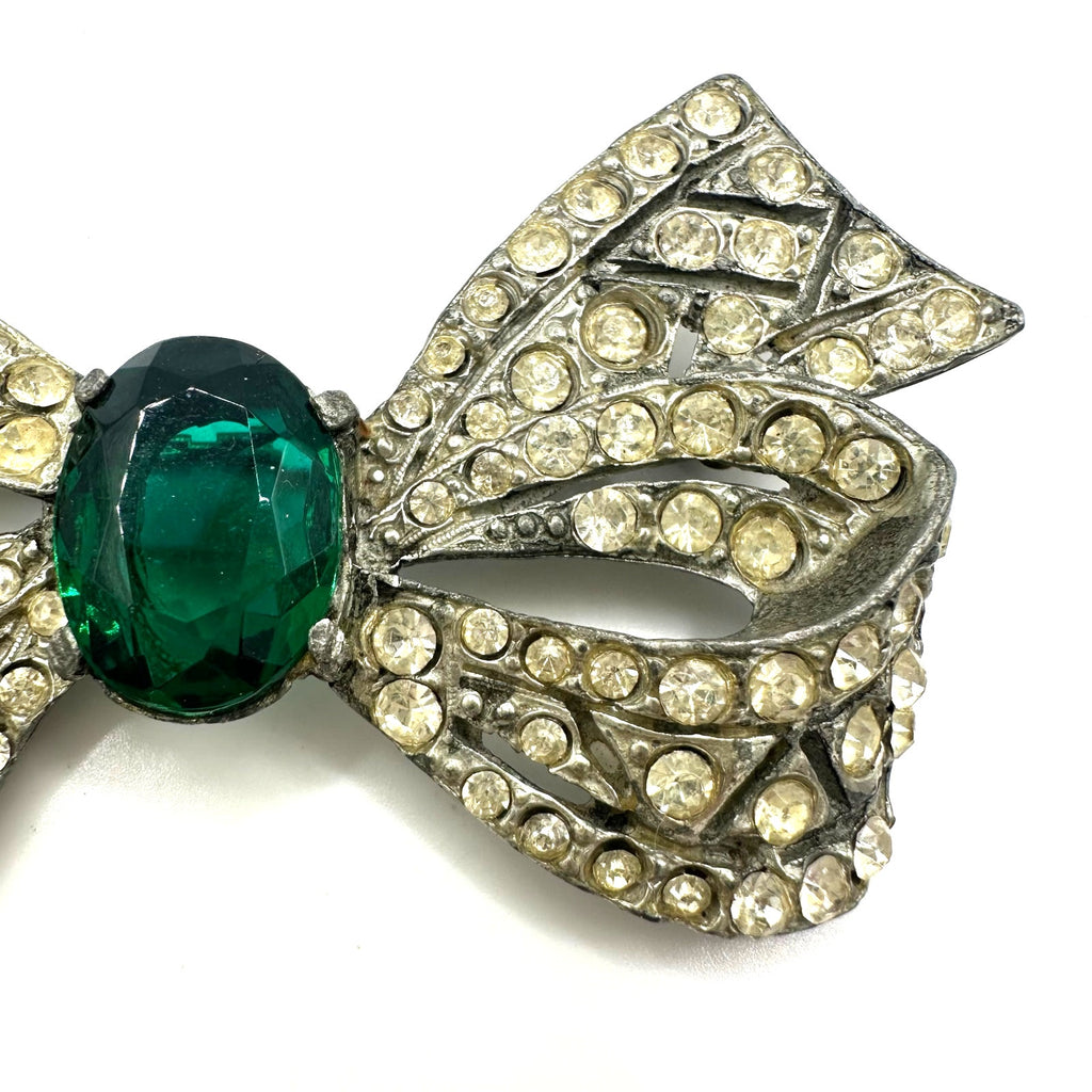 1930s antique Art Deco silver tone pot metal green clear rhinestones bow brooch