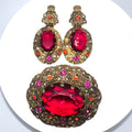 West Germany vintage gold tone red pink rhinestones brooch clip on earrings set