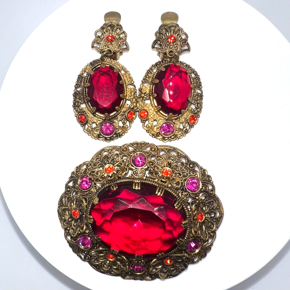 West Germany vintage gold tone red pink rhinestones brooch clip on earrings set
